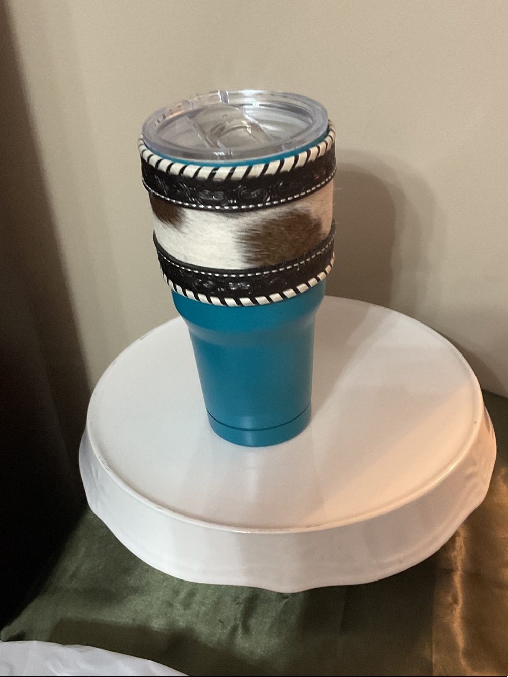 Blue Insulated Travel Tumbler with Cowhide Accent